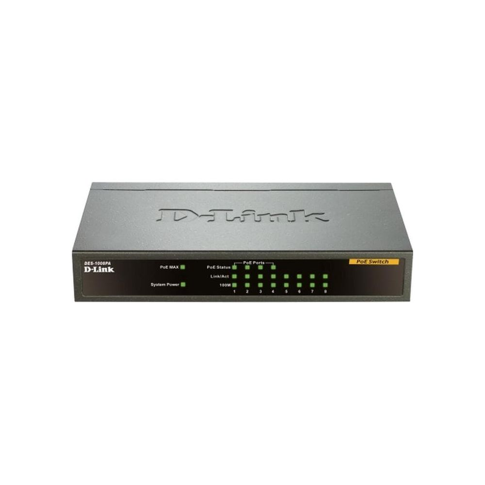 Uno switch PoE D-Link grigio a 8 porte con LED indicatori.