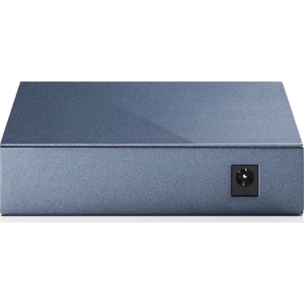 Szaroniebieskie urządzenie elektroniczne z okrągłym złączem zasilania po prawej stronie.