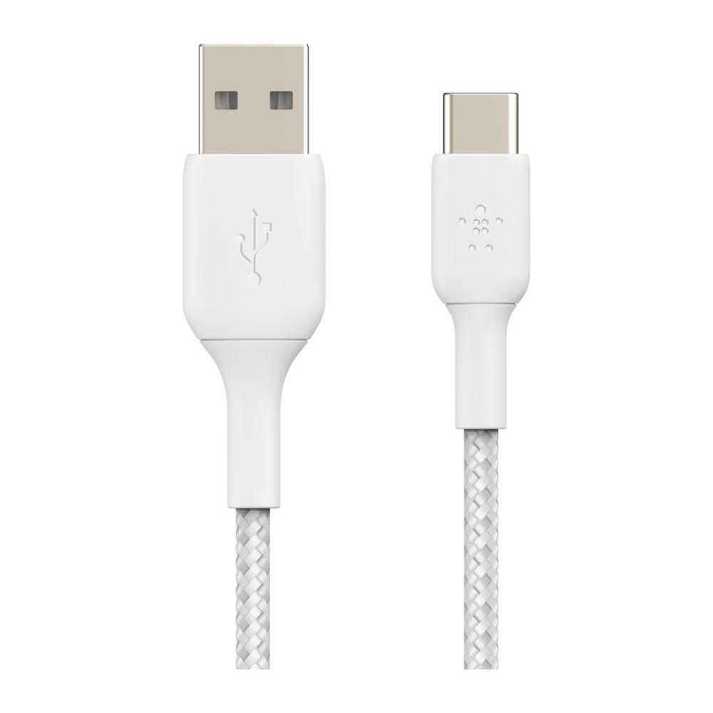 Een witte USB-A naar USB-C kabel met gevlochten design.