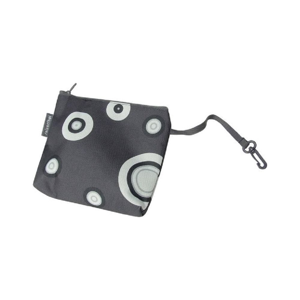 Ciemnoszara saszetka z białym i jasnoszarym wzorem kół i czarnym zapięciem karabińczykowym.