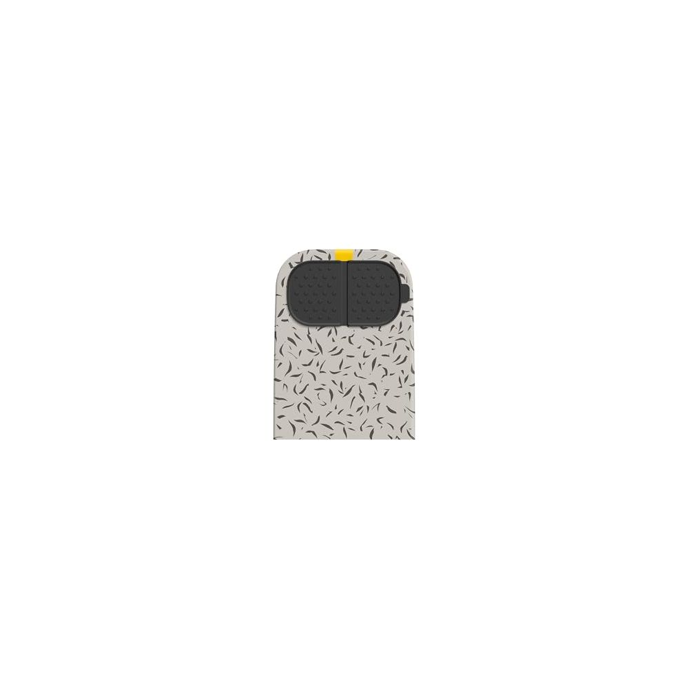 Papelera gris con tapa negra y estampado negro.