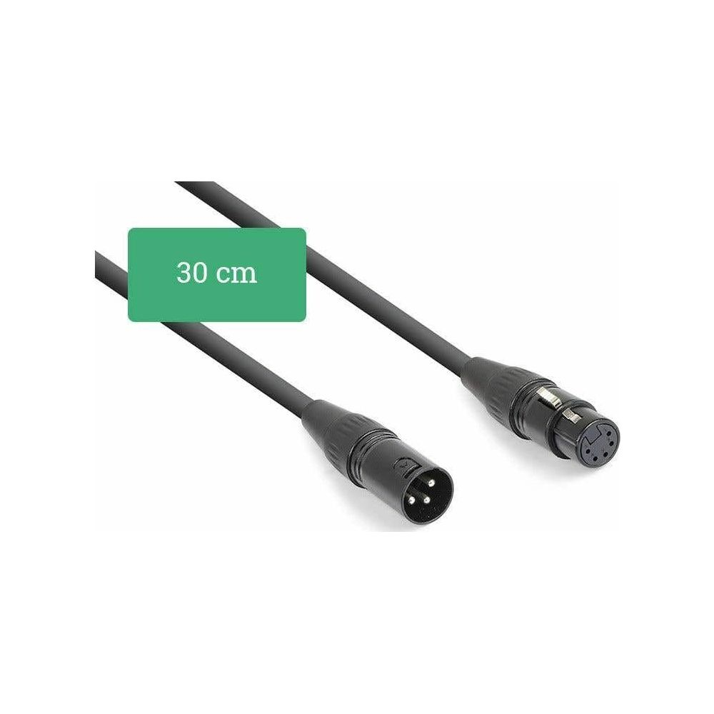 Un cable de audio negro con conectores XLR, de 30 cm.