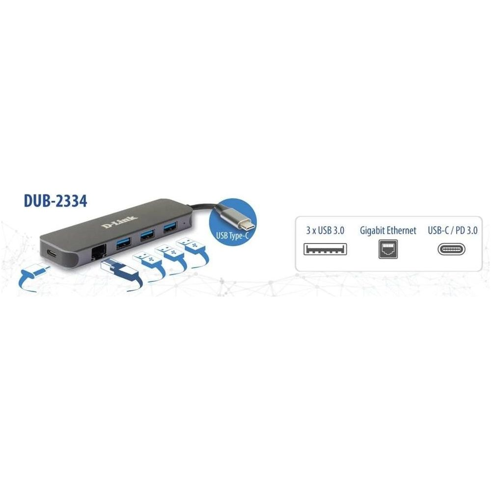 Hub USB-C D-Link DUB-2334 con 3x USB 3.0, Ethernet, USB-C PD.