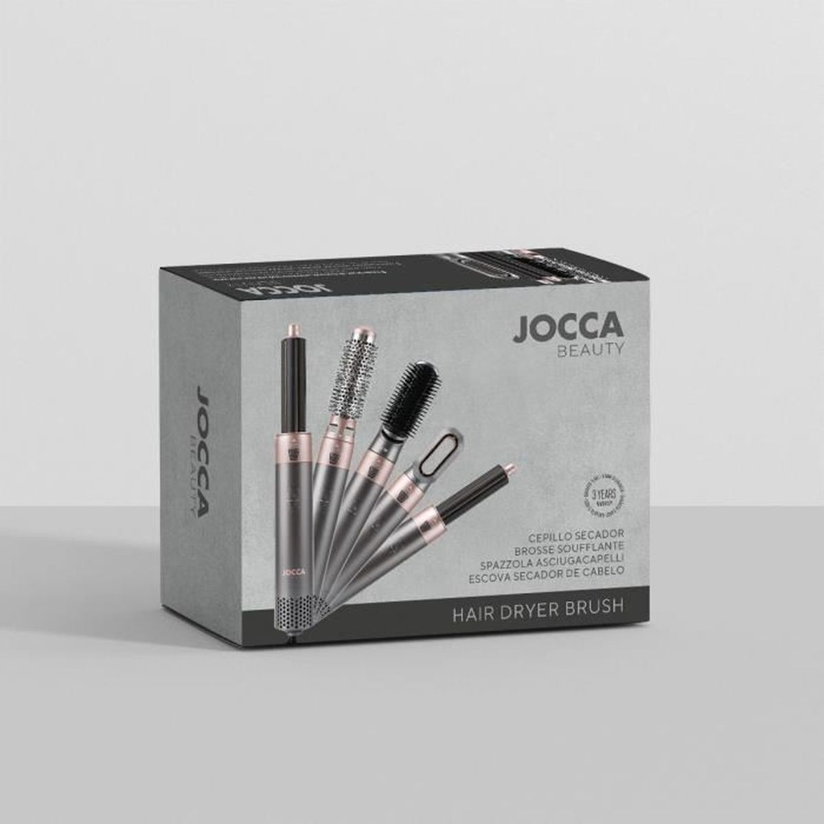 Confezione JOCCA HAIR DRYER BRUSH con quattro accessori di vari colori.