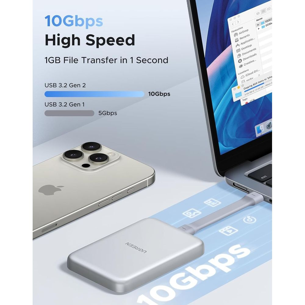 Srebrny smartfon, adapter USB-C i laptop pokazują szybki transfer danych 10Gbps.