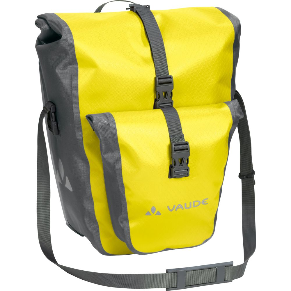 Gelbe und graue Fahrradtasche mit Schnallen und Riemen.