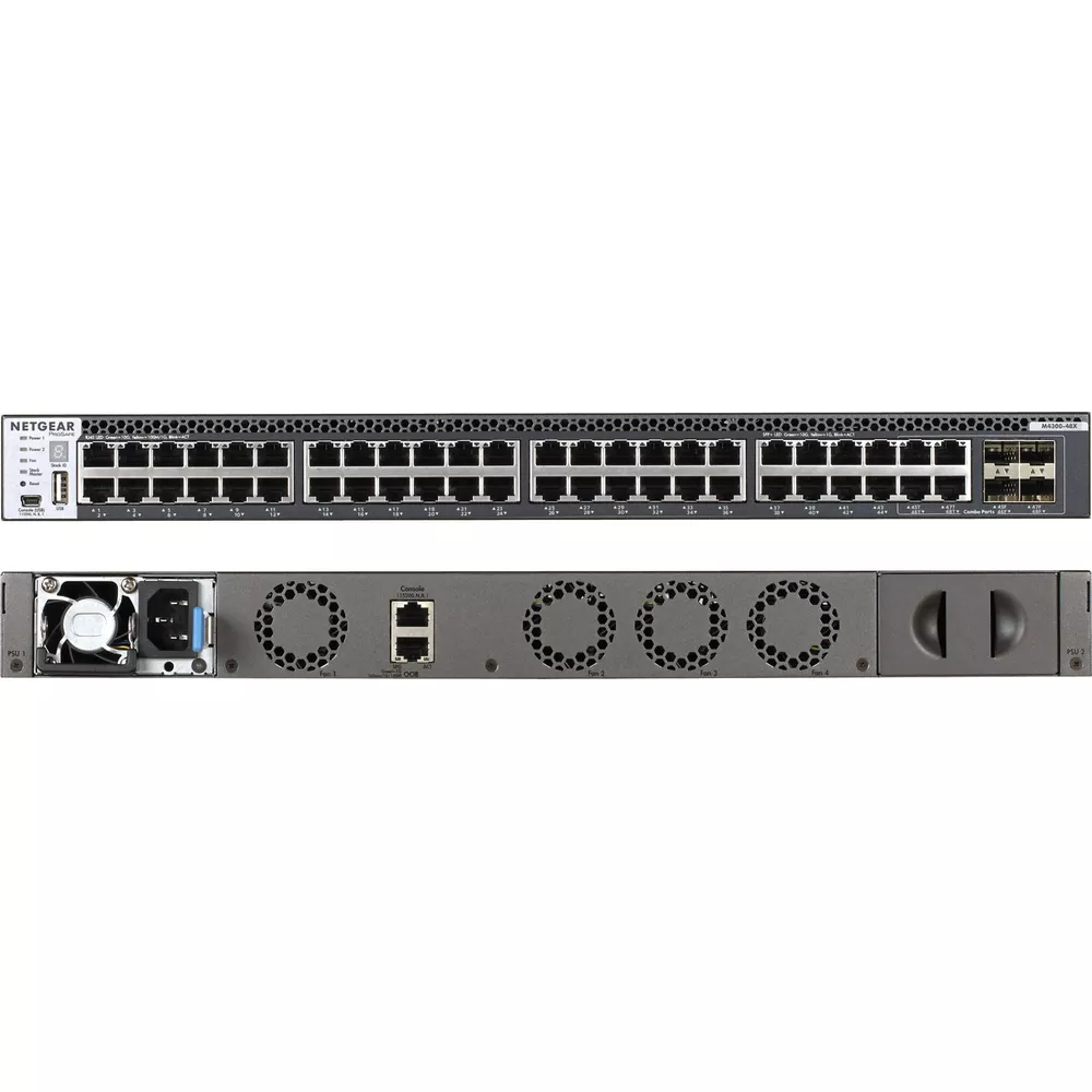 Deux commutateurs réseau NETGEAR M4300 montrés avant et arrière. Avant a 48 ports. Arrière a des ventilateurs et une entrée d'alimentation.