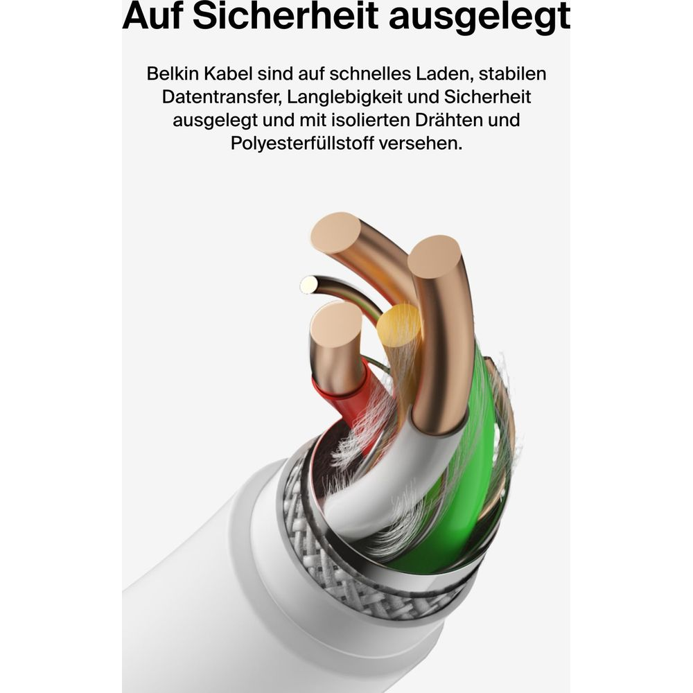 Detailansicht eines Kabels mit Kupferadern, Isolierung und Schutzgeflecht.