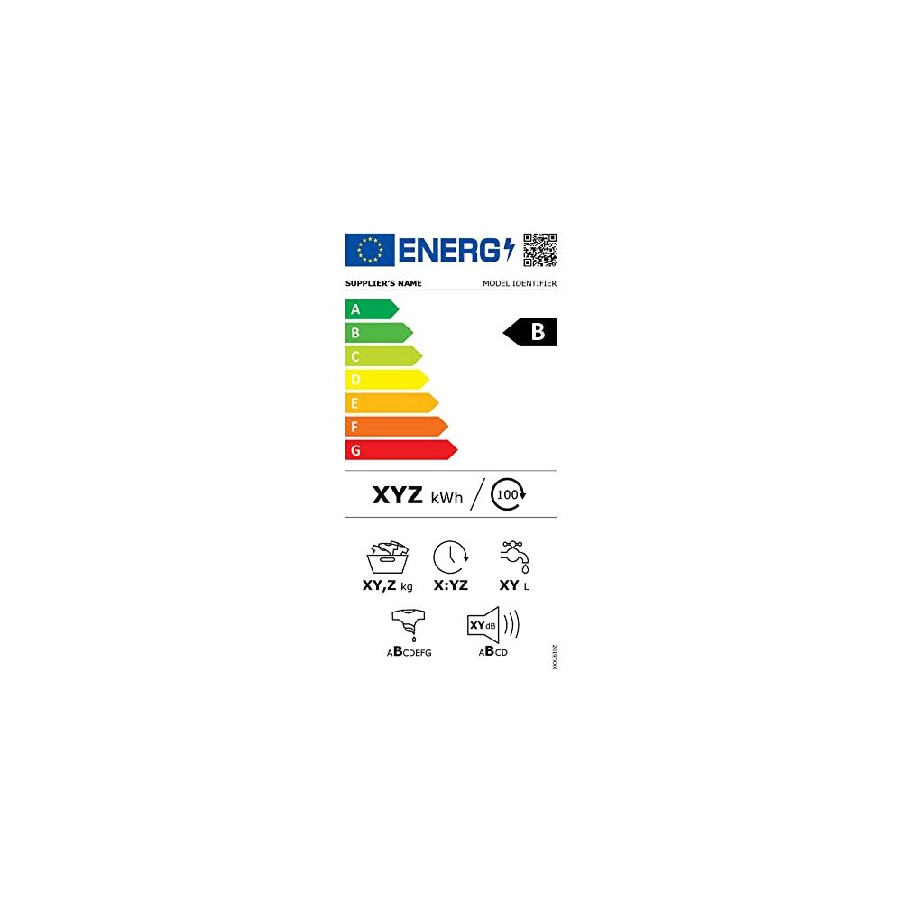 Energielabel mit Energieeffizienzklasse B. Zeigt Kapazität, Verbrauch und Geräuschpegel.