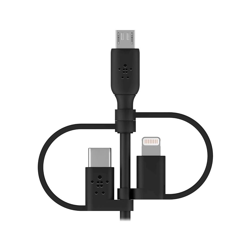 USB-C, Lightning ve Micro-USB konektörlü siyah şarj kablosu.