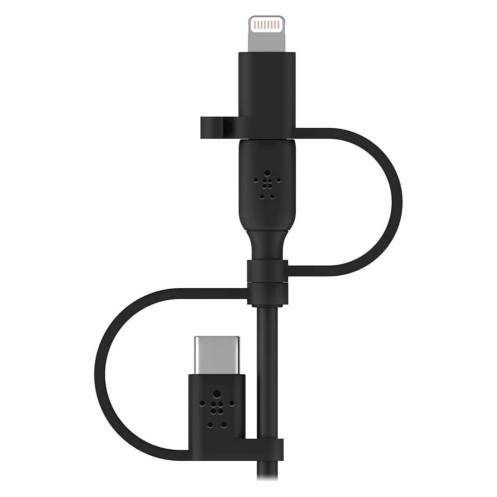 Lightning ve USB-C konektörlü siyah şarj kablosu.