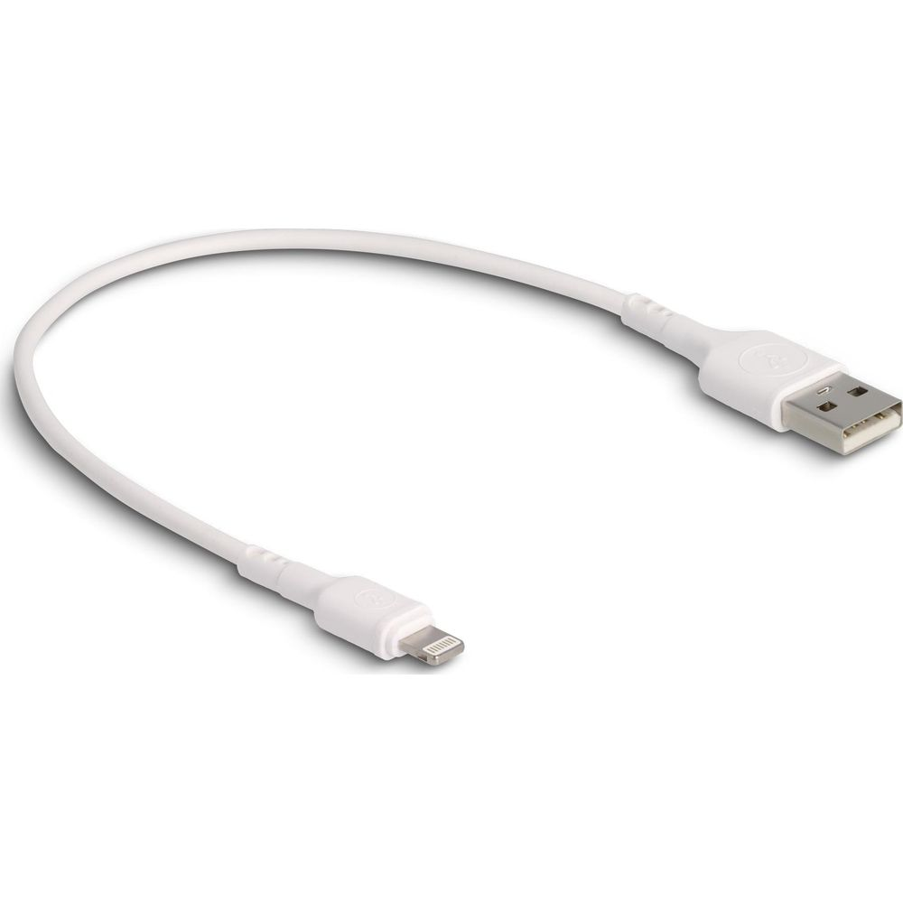 Ein weißes Ladekabel mit USB-A und Lightning-Anschlüssen auf weißem Hintergrund.