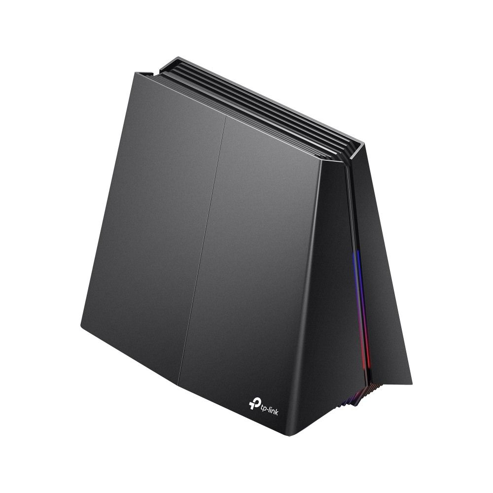 Ein schwarzer TP-Link Router mit Lüftungsschlitzen und farbigen Lichtern.