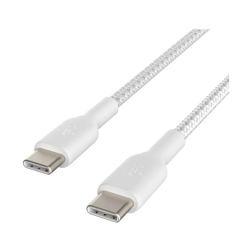 Ein weißes USB-C-Kabel mit geflochtenem Stoffmantel und silbernen Anschlüssen.