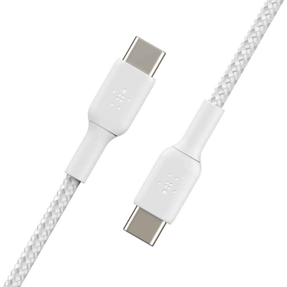 Ein weißes USB-C-Kabel mit geflochtenem Mantel und silbernen Anschlüssen.