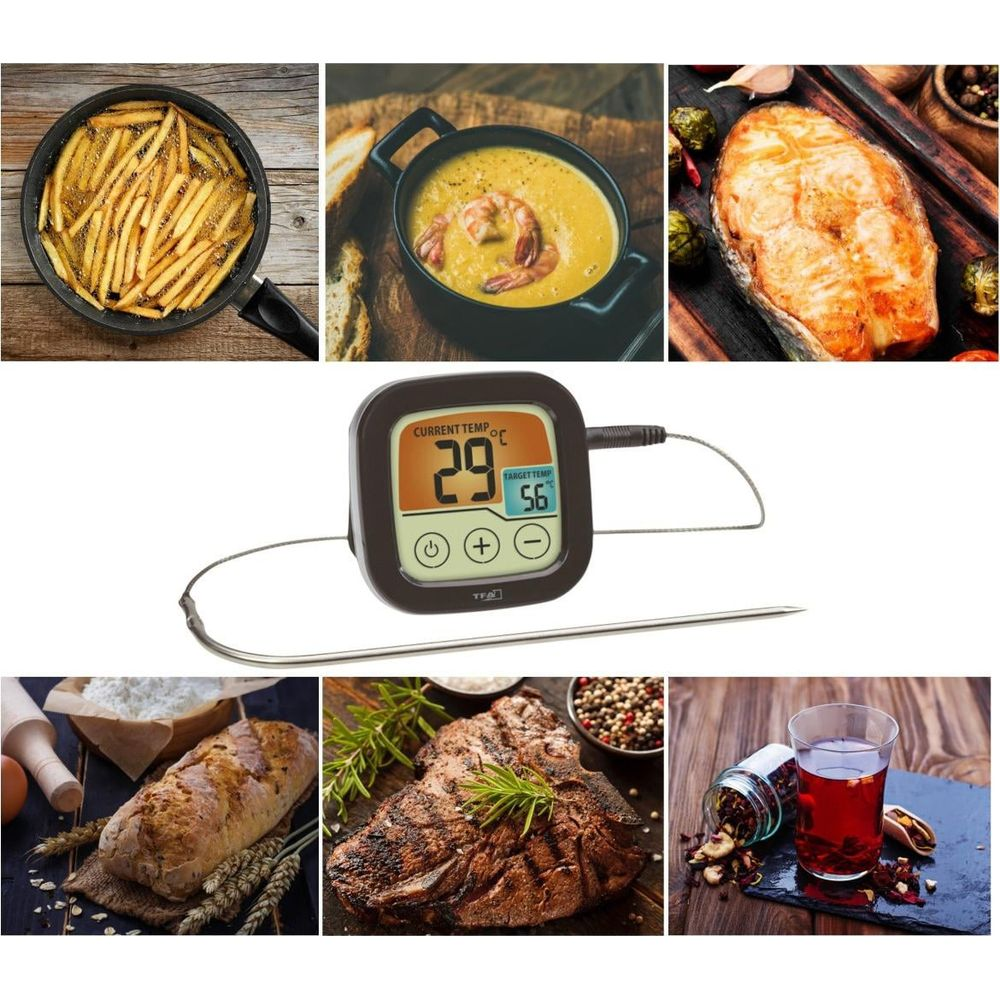 Collage von Kochbildern: Pommes, Suppe, Lachs, Grill, Brot, Steak, Tee.