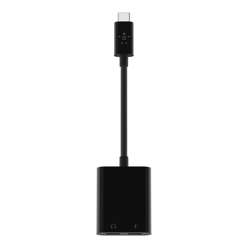 Adattatore USB-C nero con jack per cuffie e porta di ricarica.