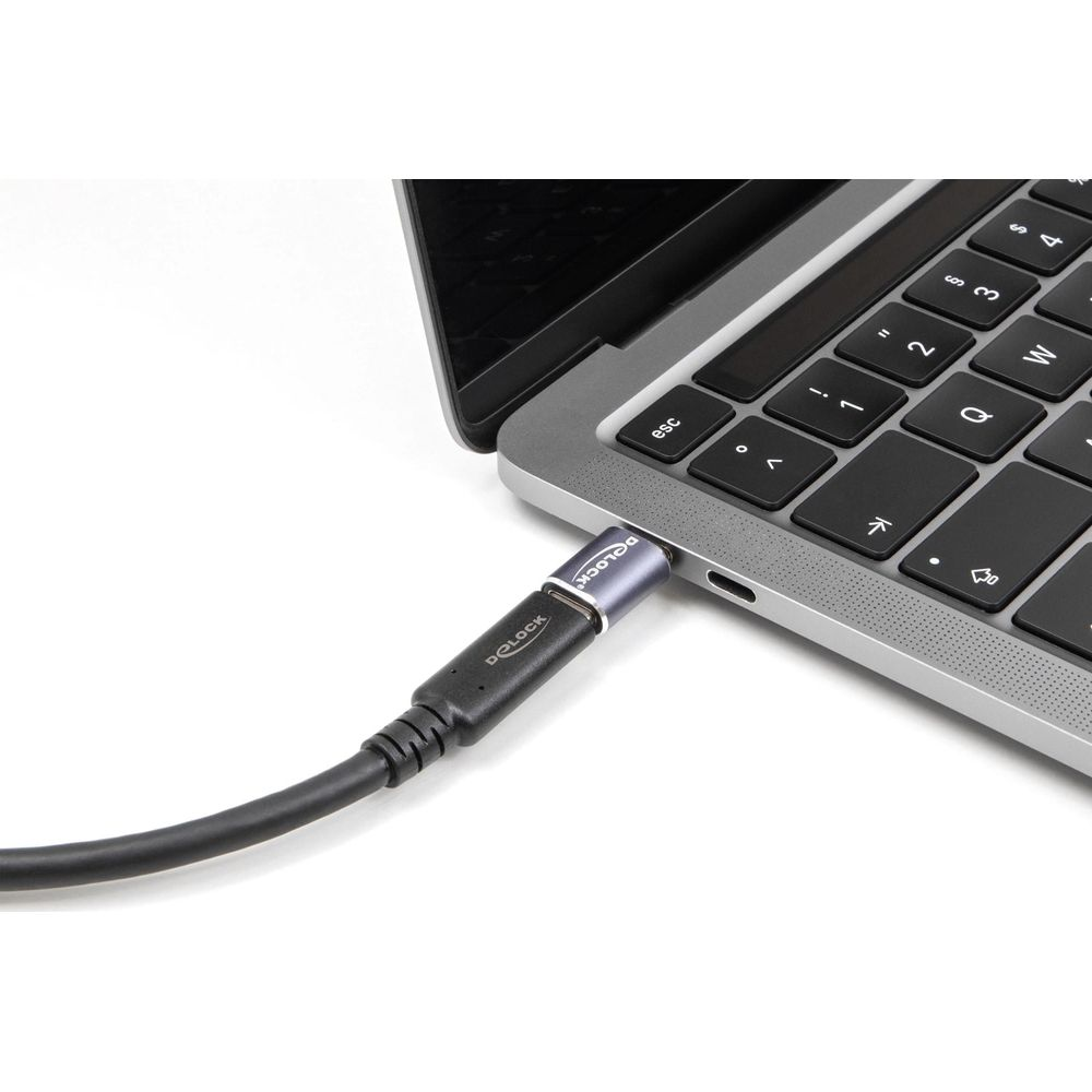 Ein schwarzes Kabel mit DELOCK-Stecker ist an einen Laptop angeschlossen.
