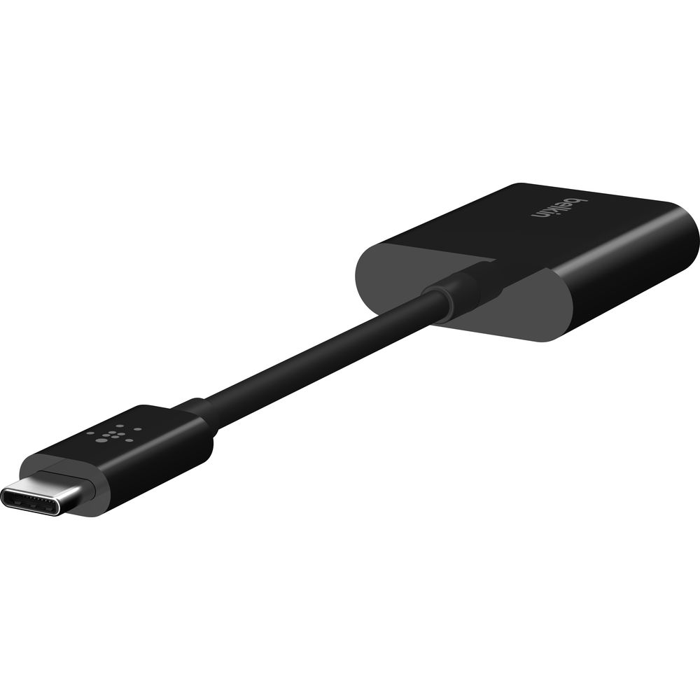 Adattatore USB-C nero con cavo e connettore, su sfondo bianco.