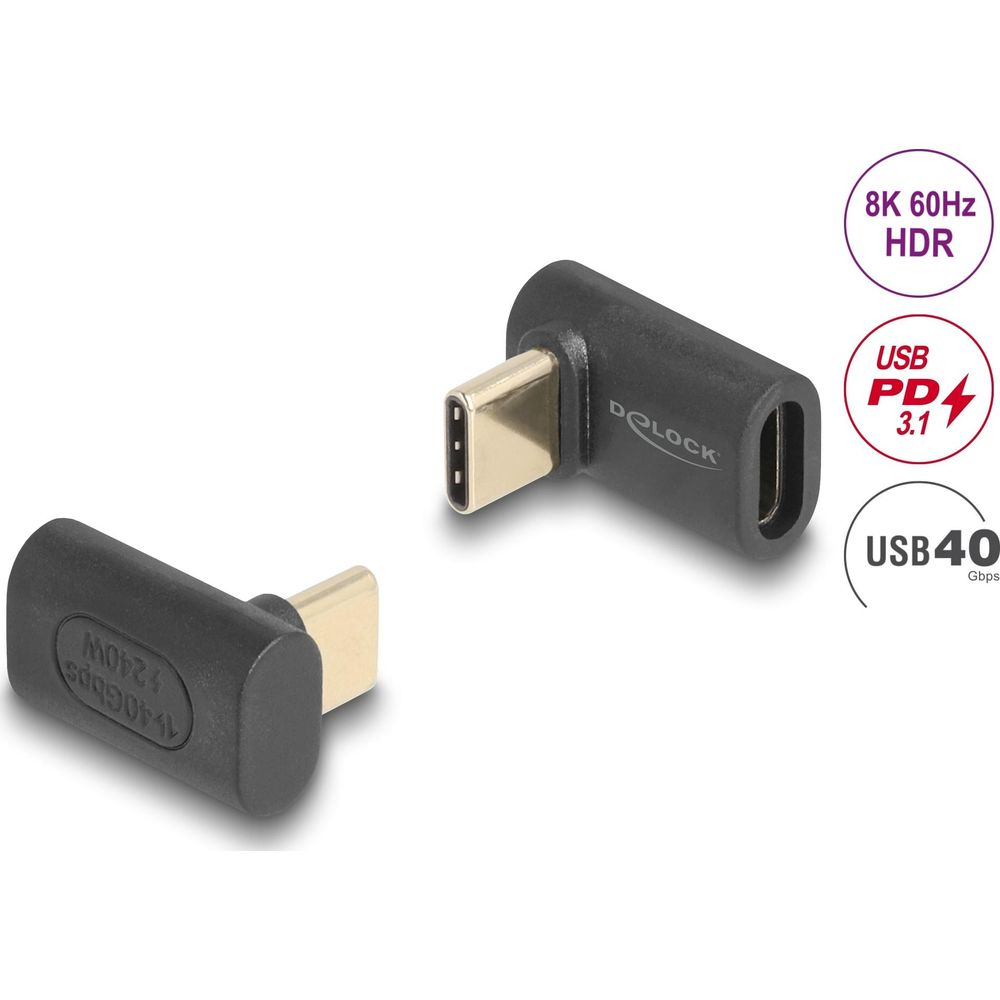 Due adattatori USB-C neri, uno angolato, con testo 8K 60Hz HDR e USB 40Gbps.