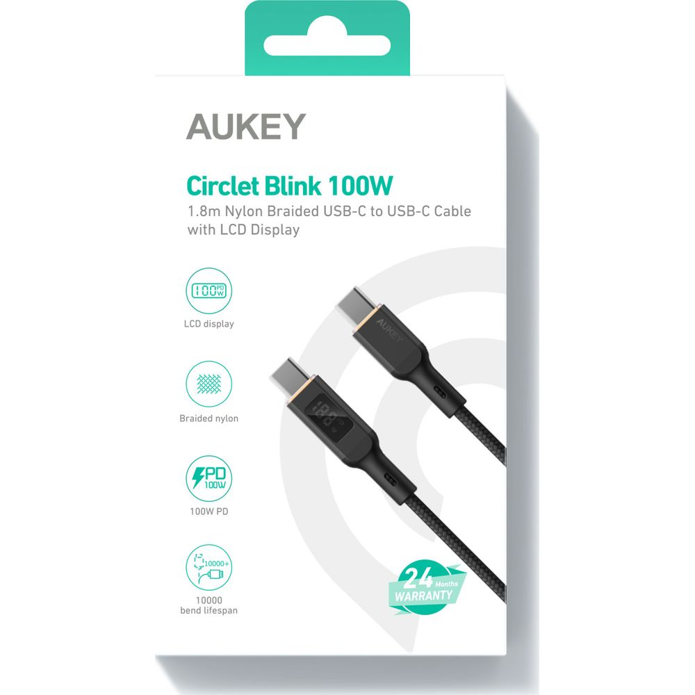 AUKEY Circlet Blink 100W USB-C kablosu, LCD ekranlı ve 24 ay garantili.