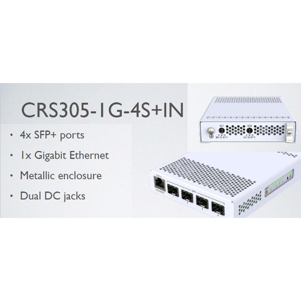 Biały router z 4 portami SFP+, 1x Gigabit Ethernet i podwjnymi złączami DC.