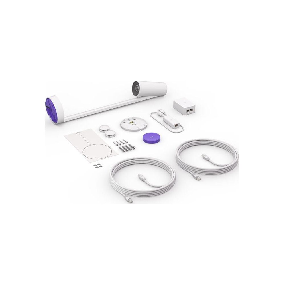 Un kit de configuración blanco con cables, cargadores y una cámara.