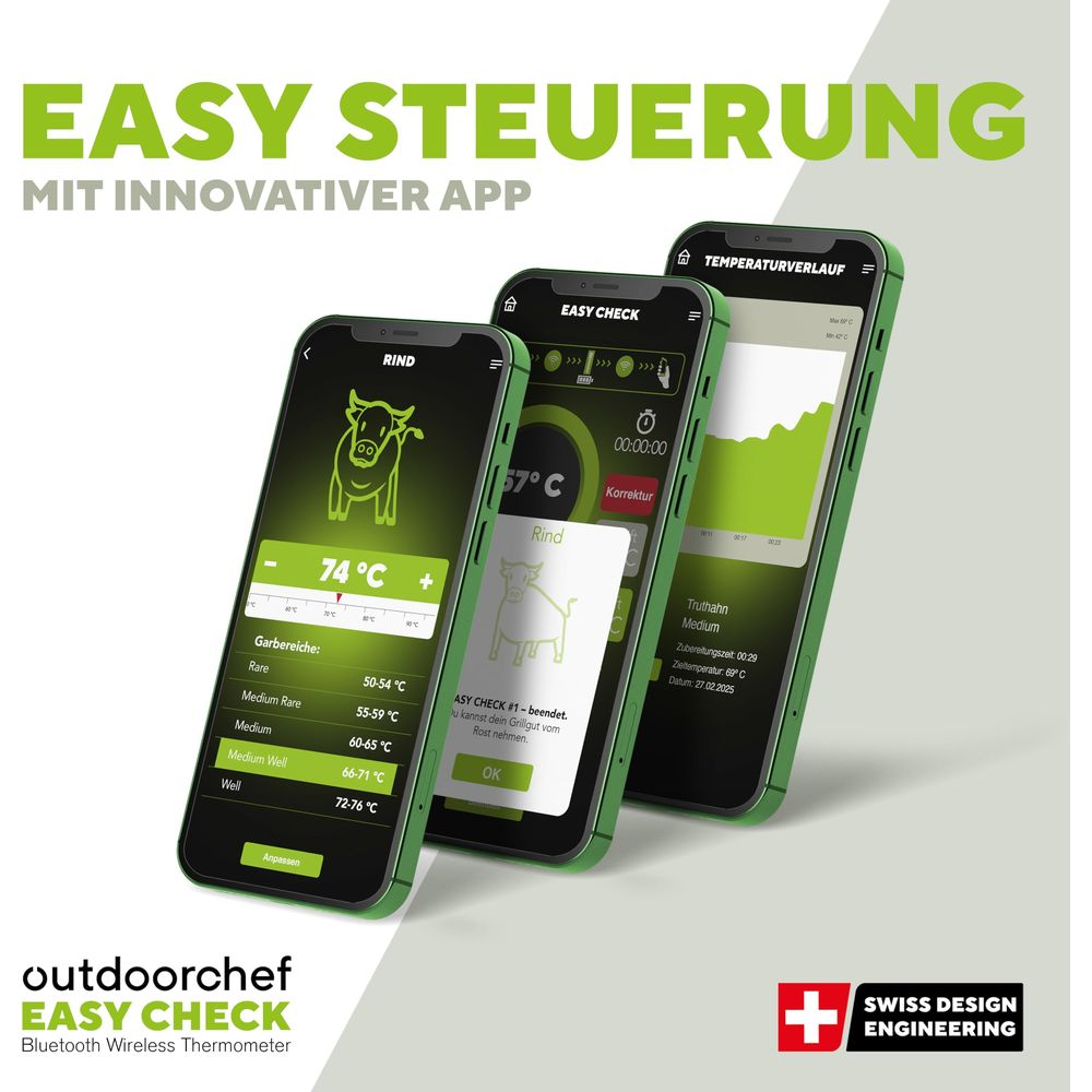 Drei Smartphones zeigen die Outdoorchef Easy Check App mit Fleisch- und Temperaturdaten.
