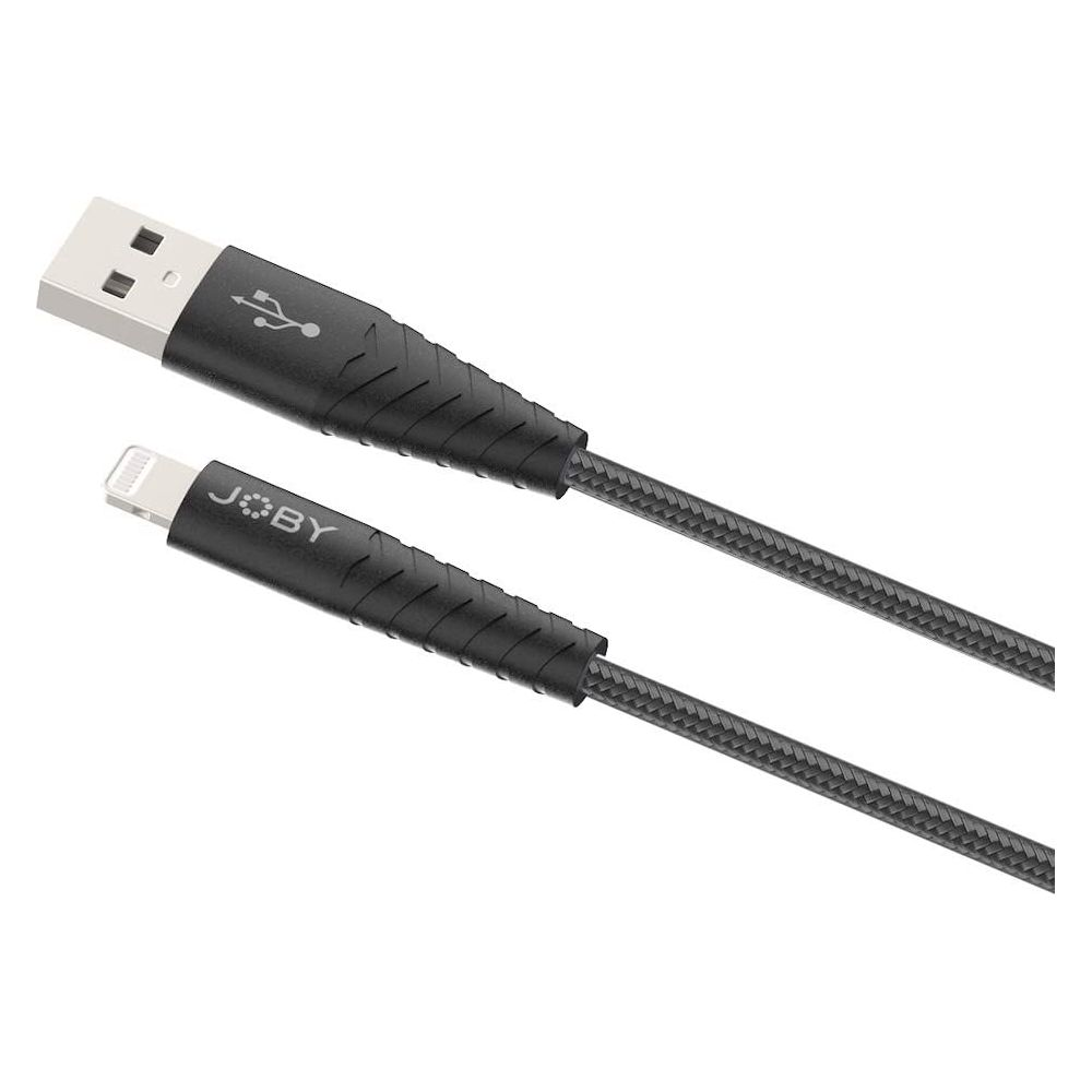 Un câble USB vers Lightning noir avec tissu tressé.