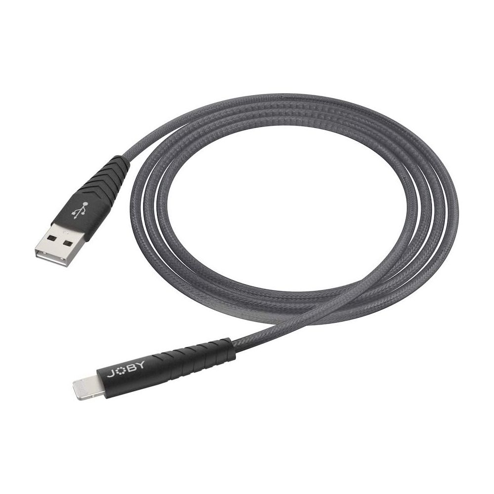 Câble de chargement gris avec connecteurs USB-A et Lightning sur fond blanc.