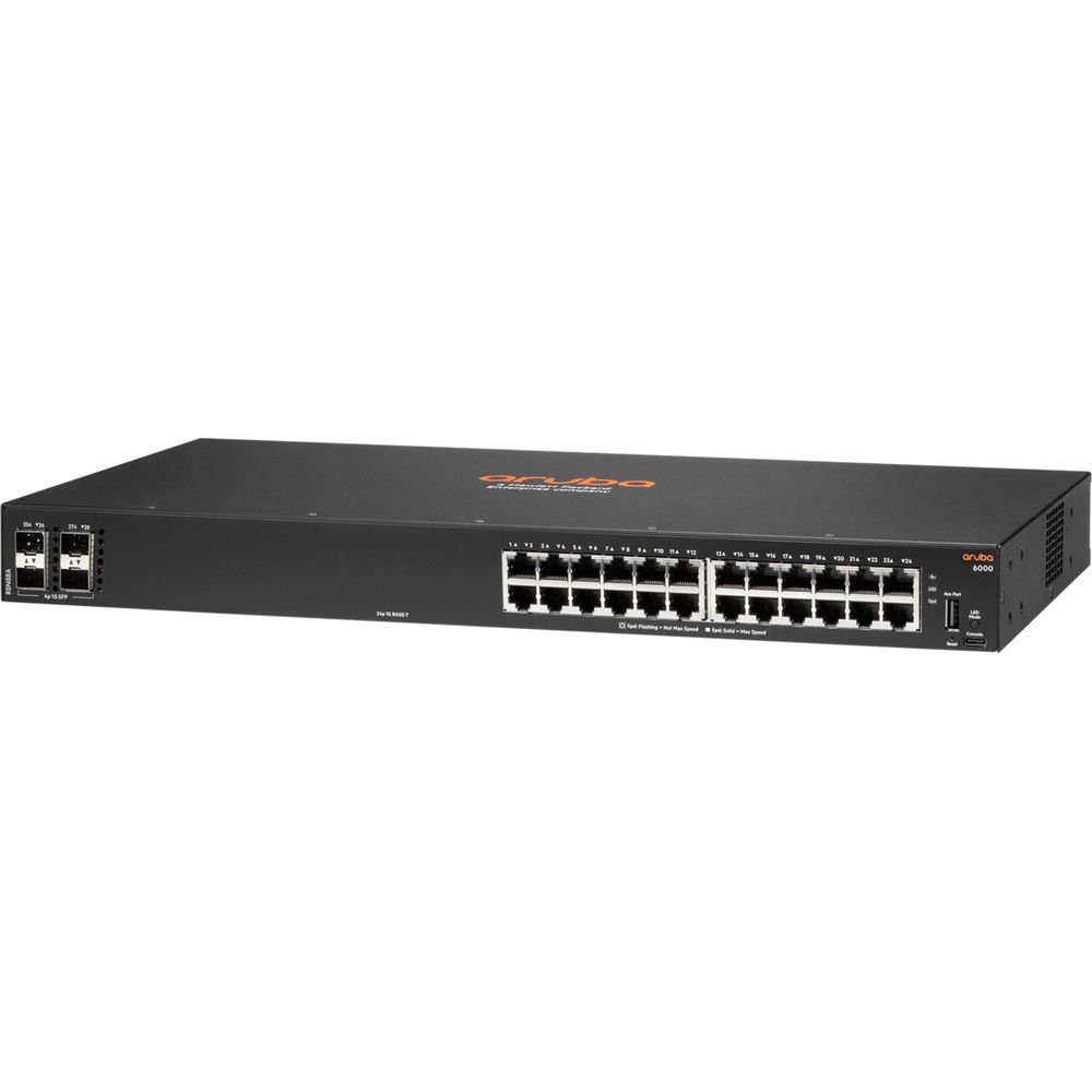 Switch de red negro con numerosos puertos y logo de Aruba.