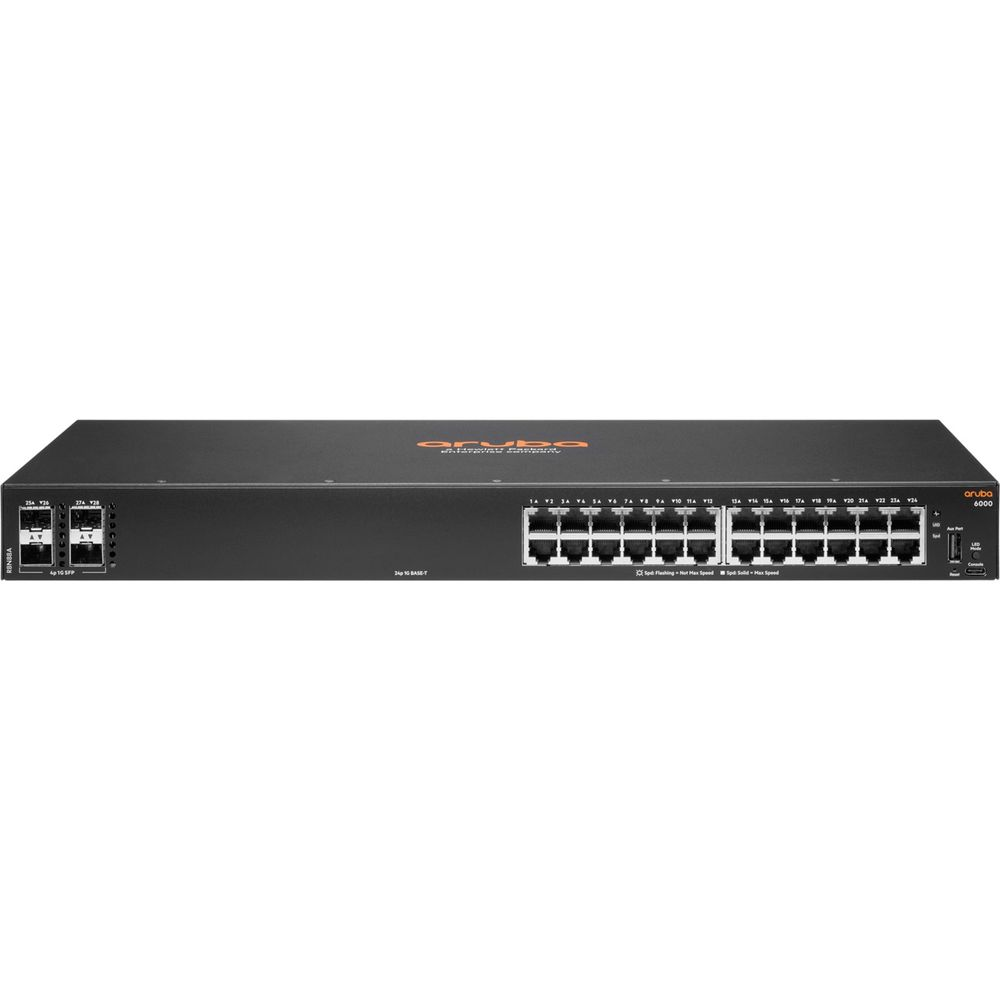 Un switch de red Aruba 6000 negro con 24 puertos y ranuras SFP.
