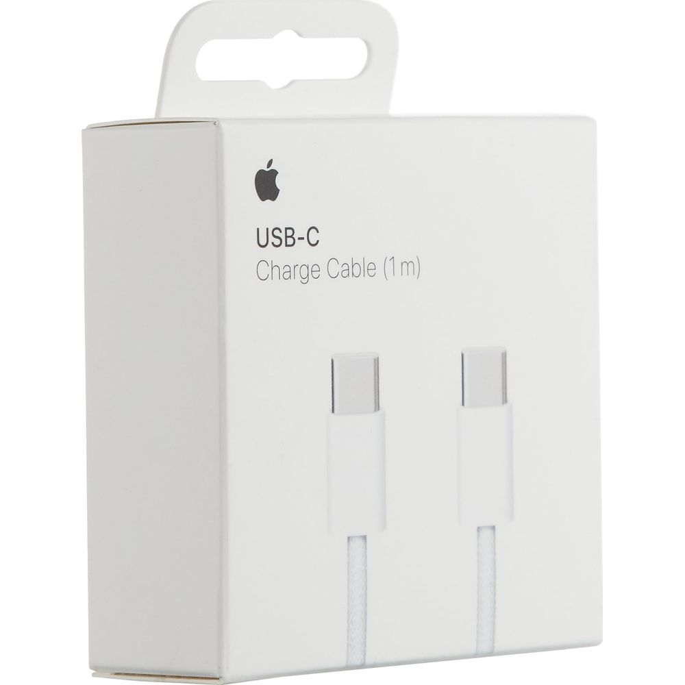 Białe pudełko z logo Apple, kabel ładujący USB-C (1m) i dwie ilustracje kabla.