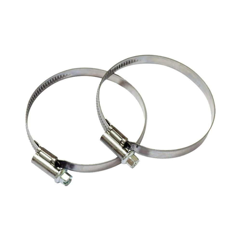 Dwa srebrne obejmy do węży ze śrubami na białym tle.