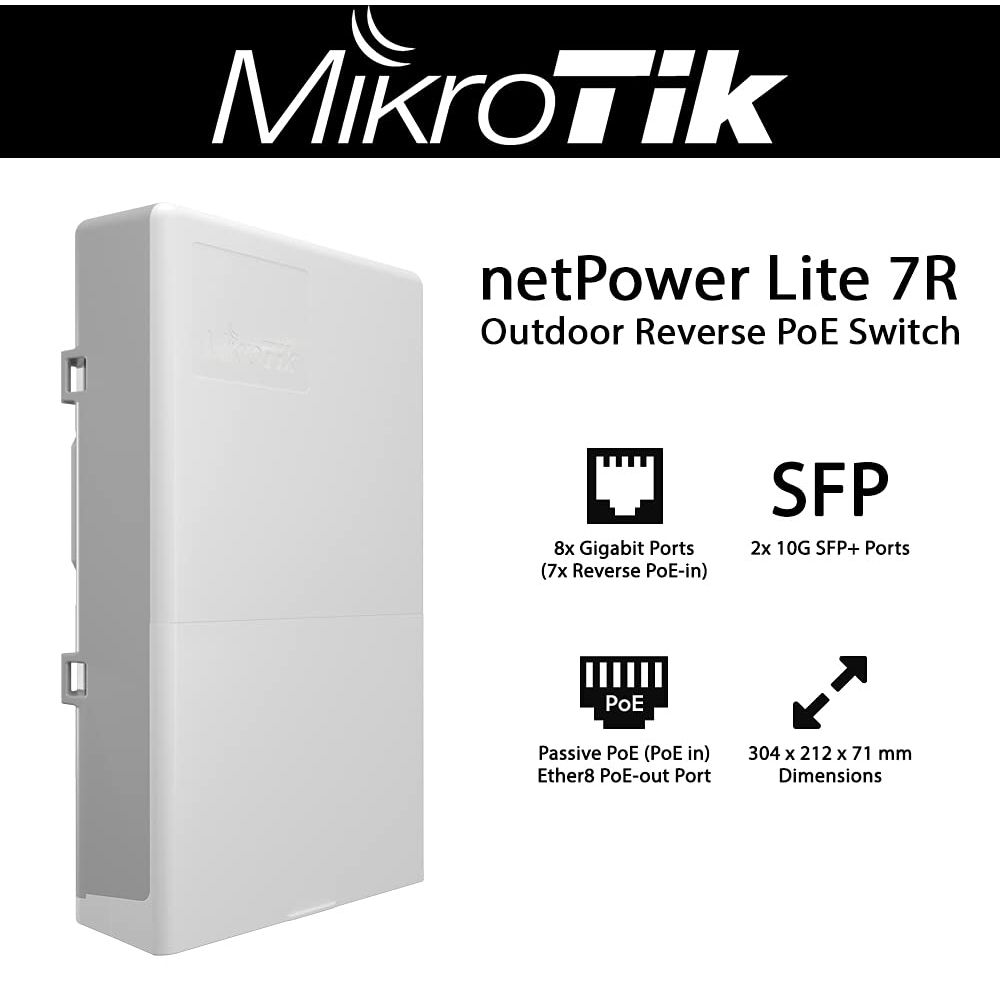 Biały zewnętrzny przełącznik MikroTik netPower Lite 7R z portami i wymiarami.