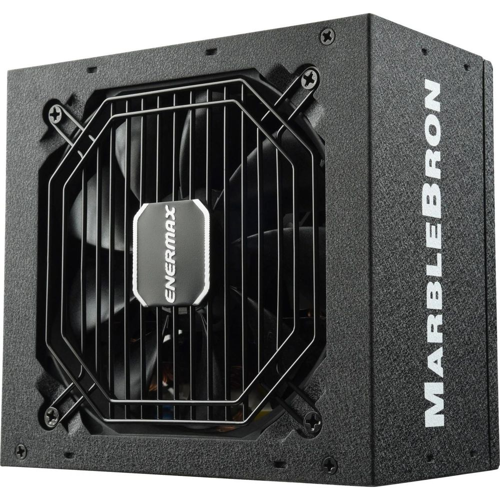 Alimentatore nero con ventola e logo ENERMAX, scritta MARBLEBRON sul lato.