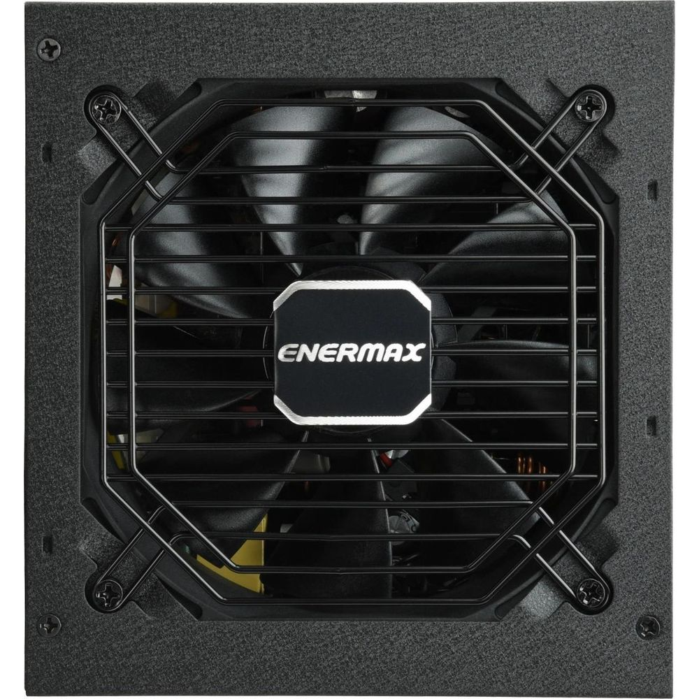 Ventola nera alimentatore PC con logo ENERMAX argento.
