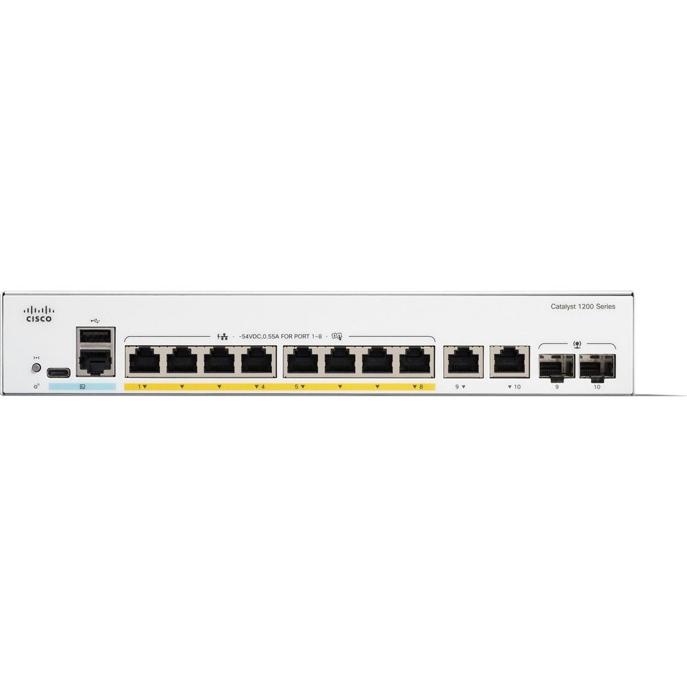 Przełącznik Cisco Catalyst seria 1200 z 10 portami, USB i złączami RJ45.