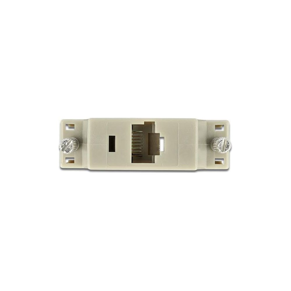 Un divisor RJ45 beige con monturas de tornillo en ambos extremos.