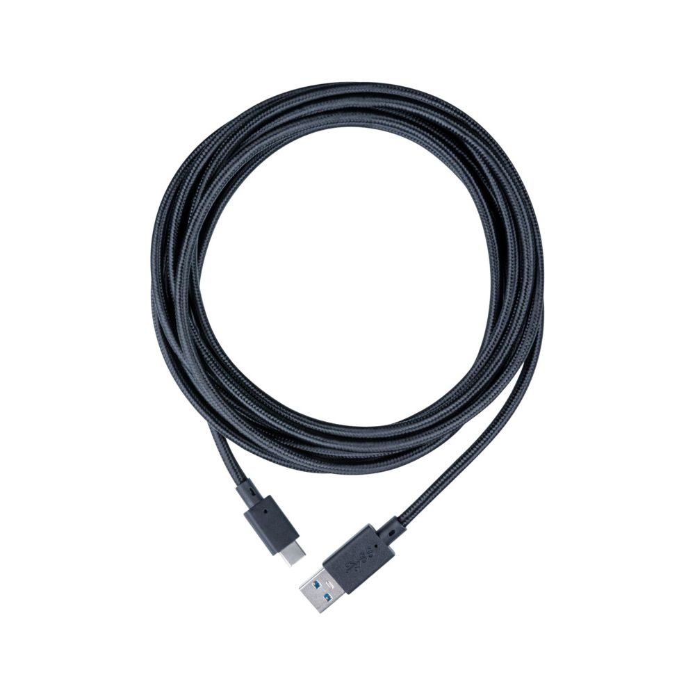 Czarny kabel USB-C do USB-A, zwinięty na białym tle.