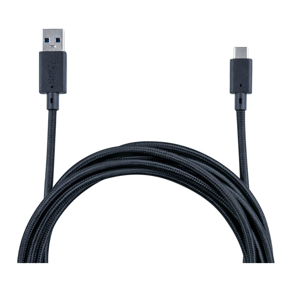 Czarny, pleciony kabel USB-A do USB-C na białym tle.