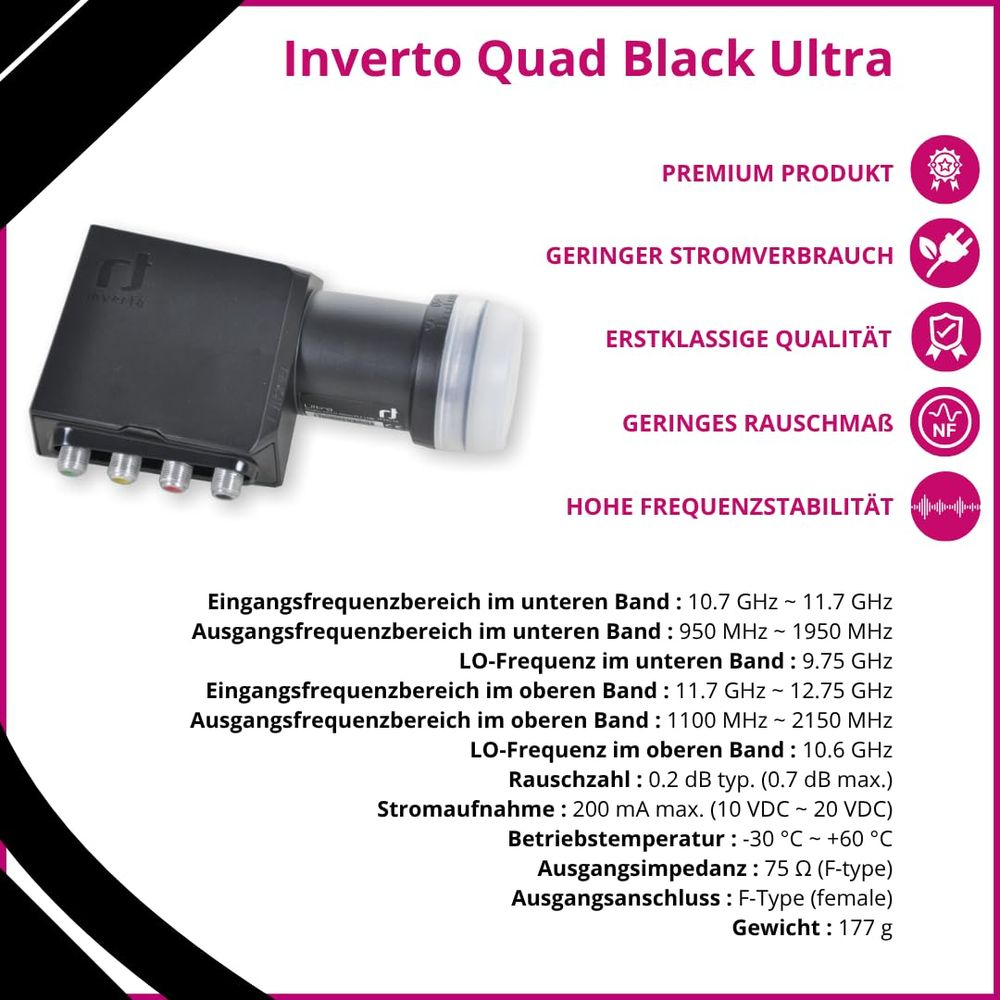 Ein schwarzer Inverto Quad Black Ultra LNB mit Anschlüssen und technischen Daten.