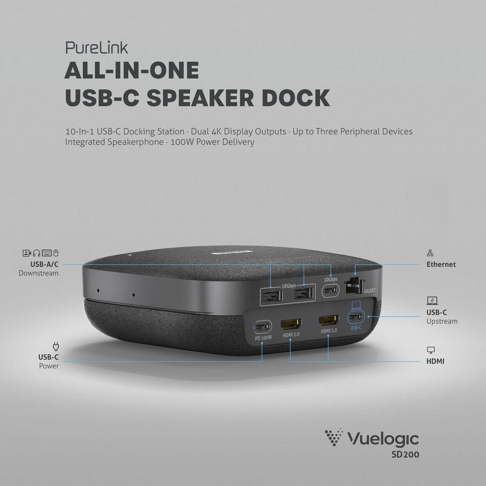 Docking station speaker PureLink All-in-One USB-C con porte: USB-C Power, USB-A/C Downstream, 10Gbps, Gigabit, Ethernet, USB-C Upstream, HDMI.