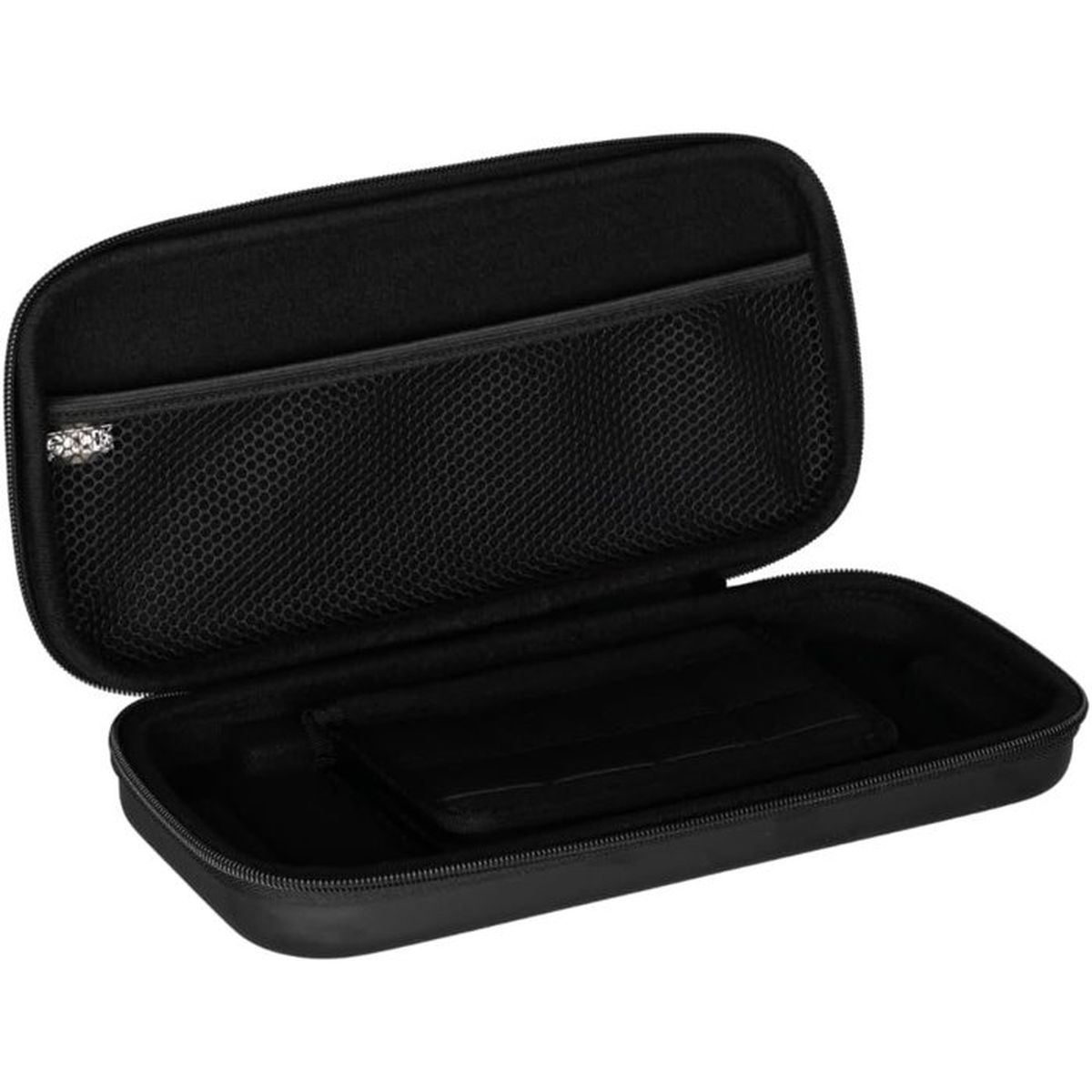Ein offenes schwarzes Etui mit Netzfach und Einschüben.