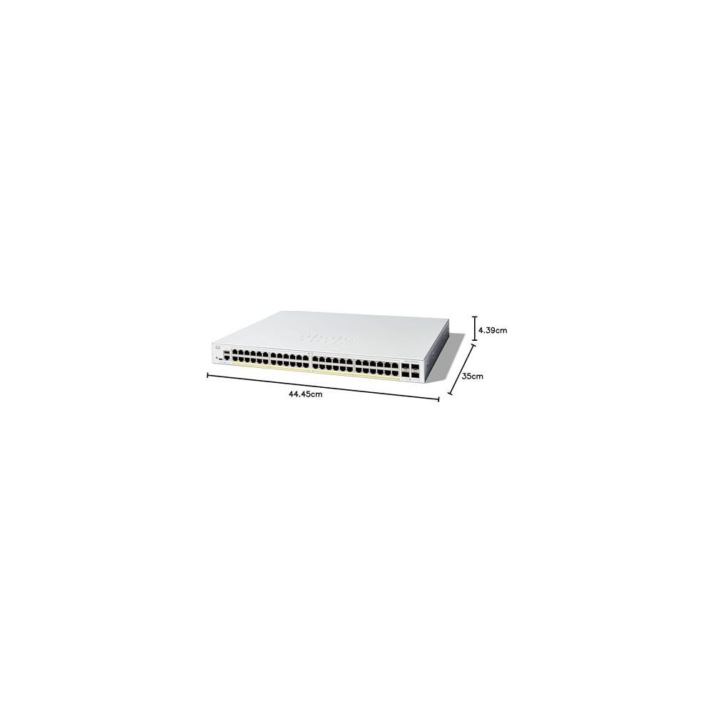 Uno switch di rete bianco con molte porte. Dimensioni: 44,45cm larghezza, 4,39cm altezza, 35cm profondità.