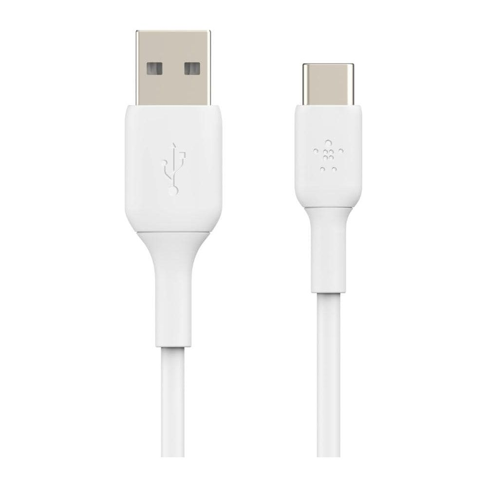Een witte USB-A naar USB-C kabel met logo's.