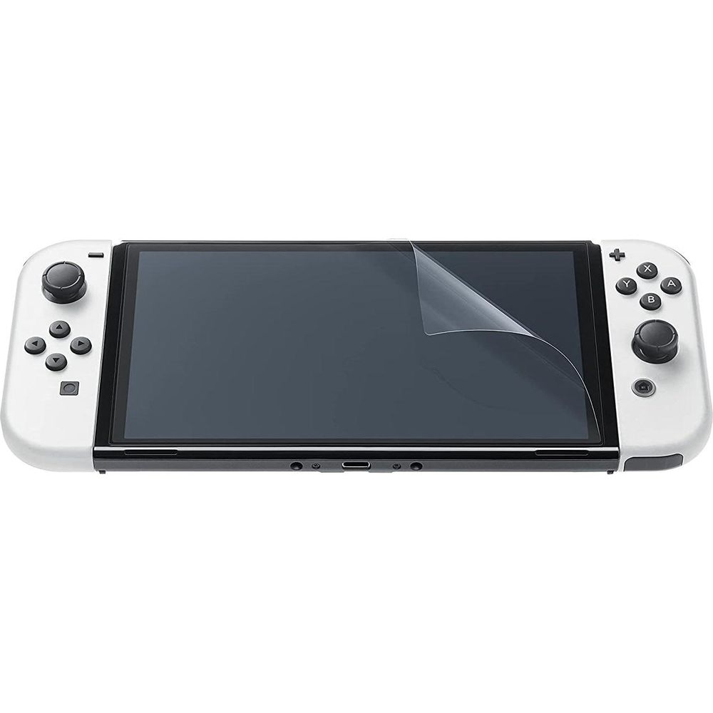 Ein weißer Handheld-Gaming-Controller mit einem Schutzfilm auf dem Bildschirm.