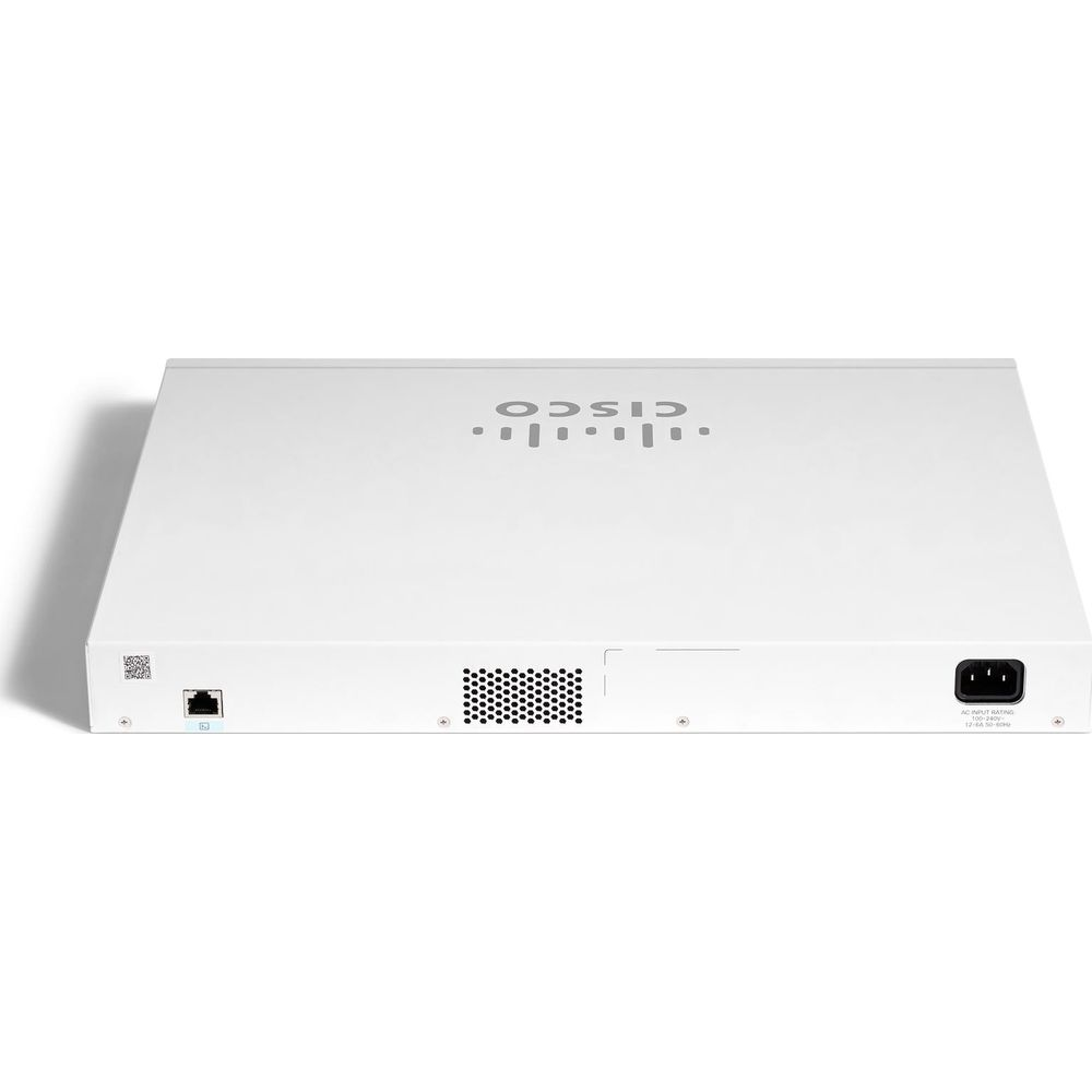 Białe urządzenie Cisco z wentylacją, portem Ethernet i wejściem zasilania.