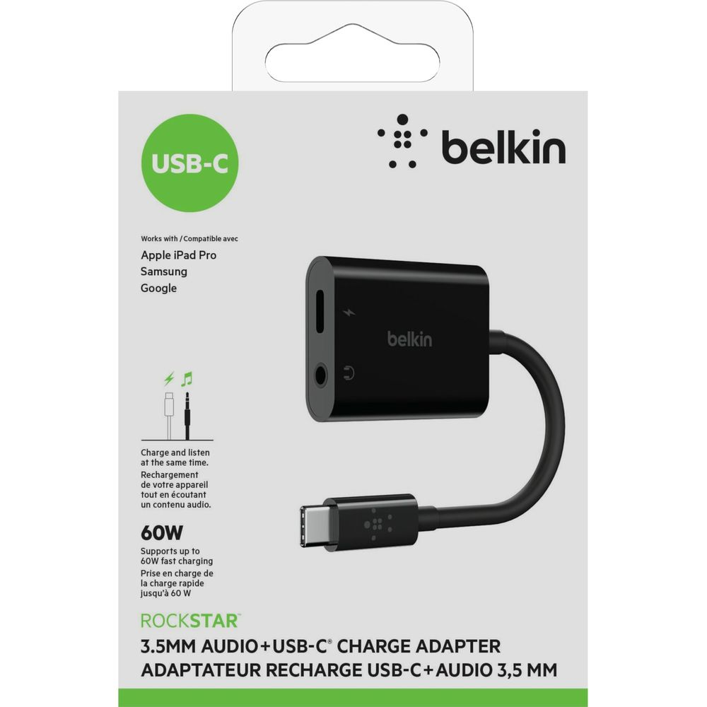 Adattatore Belkin USB-C a 3,5 mm per audio e ricarica. Supporta ricarica rapida 60W.