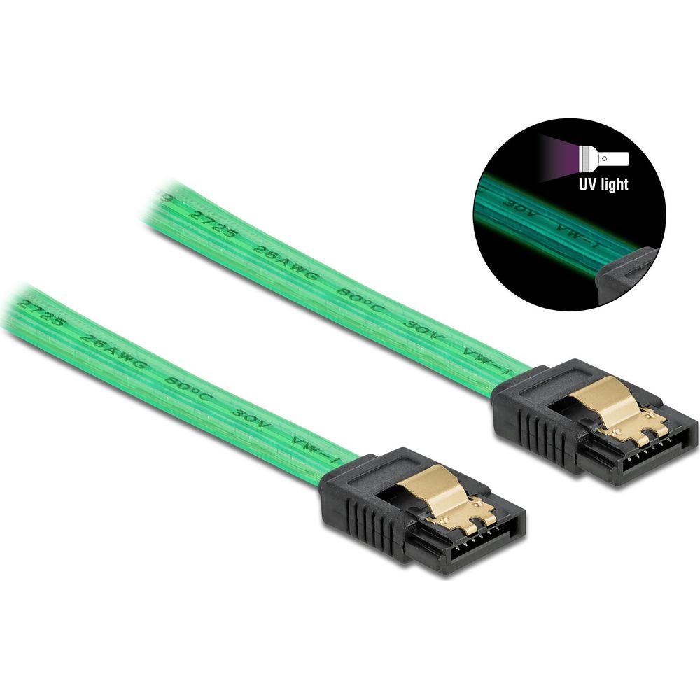 Due cavi SATA verdi con connettori neri su sfondo bianco.